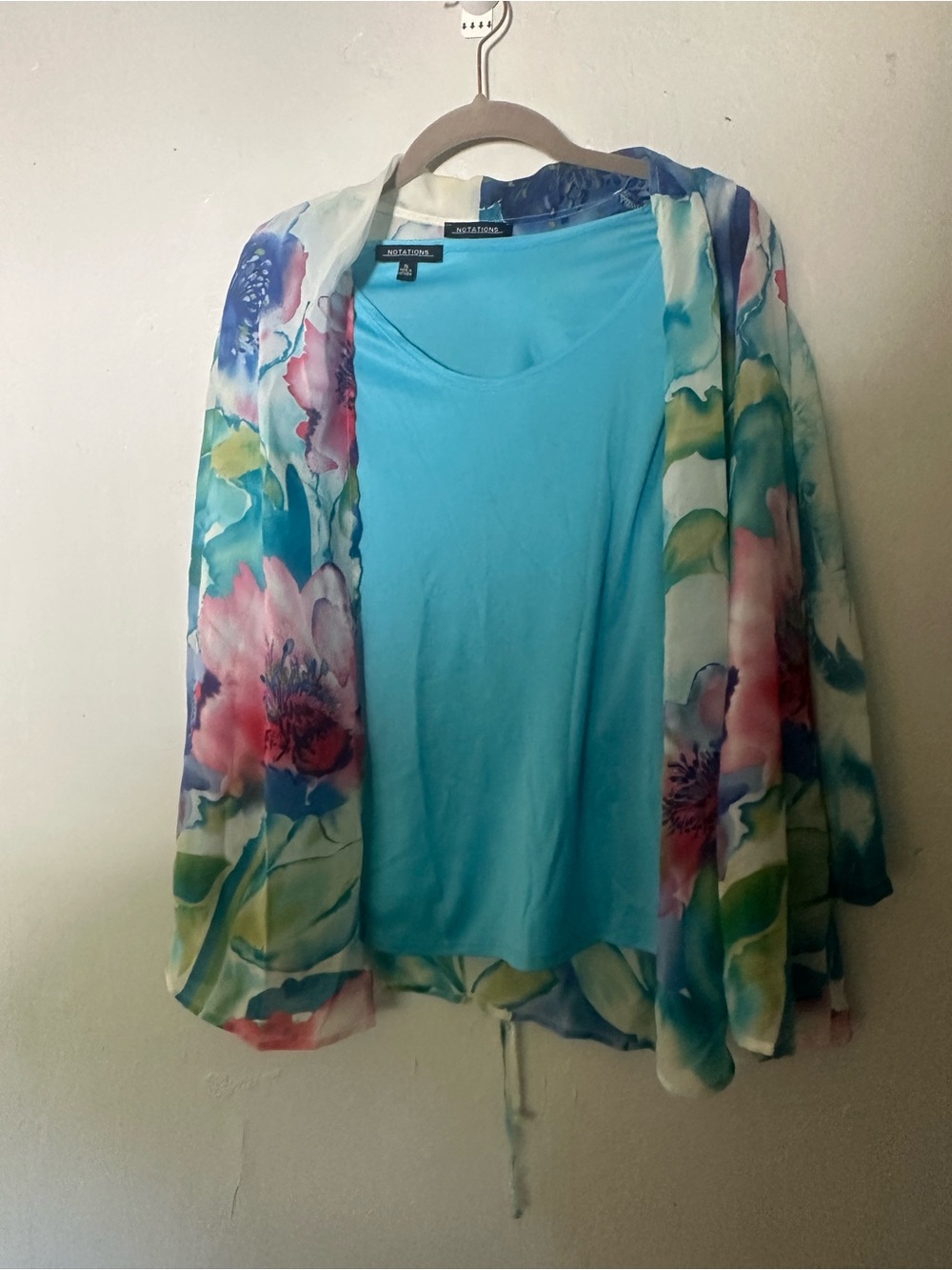 Notations Aqua Tank with Floral Open Cardigan
